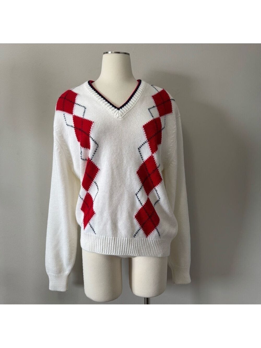 Parkhurst Red and White Preppy Argyle V-Neck Sweater Acrylic Large - Picture 2 of 8